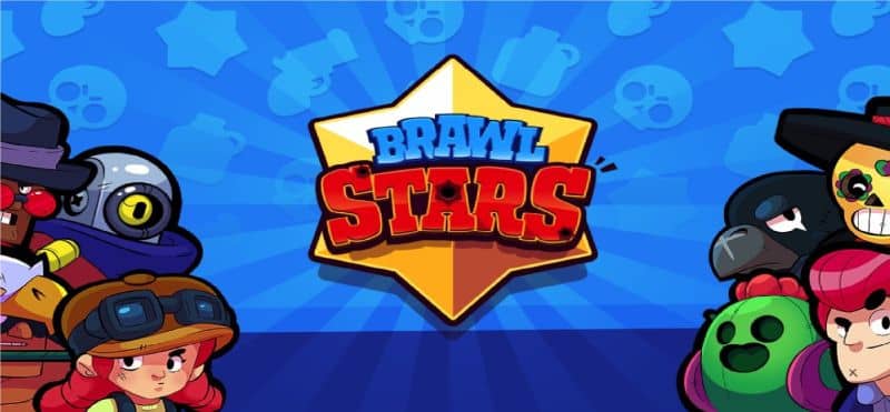 Brawl Stars logo in the center and group of different characters on the sides with a blue background