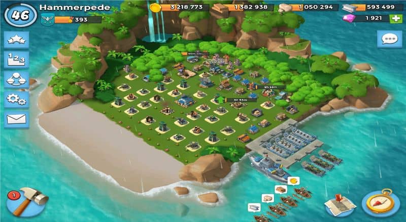 pantalla de juego mostrando base completa en boom beach