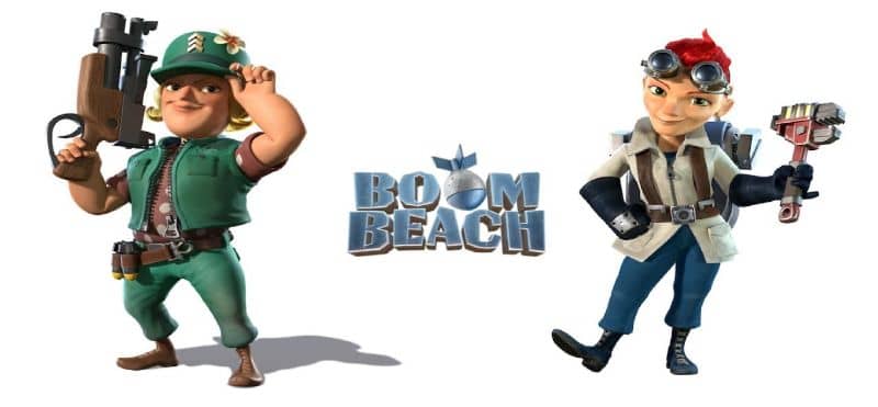 dos personajes de boom beach y logo del juego en el centro